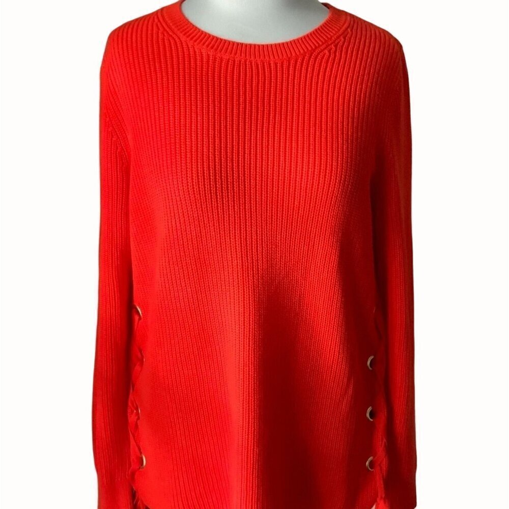 Michael Kors Sweater Orange Knit Side Tie Pullover Long Sleeve Cotton Blend L